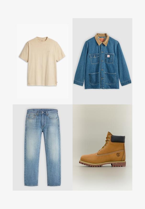 Blå denimjakke med brunt fløjlsflip, fem forlommer, knaplukning og kontrastsyning. Klassisk arbejdsklær-design.; Beige bomulds t-shirt med rund hals og korte ærmer. Har et subtilt "Levi's" logo i samme farve på brystet. Blød tekstur.; Lyseblå denim jeans med klassisk fem-lomme design og falmede områder på lårene, lagt fladt på en neutral baggrund.; Brun læderankelstøvle med sort krave, gule snørebånd og tanfarvet sål. Har logo og hvide syninger som detalje. Robust ydersål med greb.