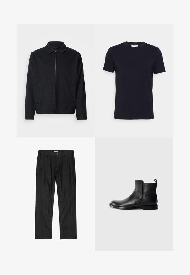 Veste noire avec un tissage texturé, fermeture éclair à l'avant, col pointu et deux poches latérales. Présente des poignets élastiques et un ourlet droit.; T-shirt noir à manches courtes avec un col ras-du-cou, muni d'une petite étiquette blanche à l'intérieur du col.; Pantalon droit pour homme noir avec bouton à l'avant, braguette à glissière et poches latérales, présenté à plat sur fond blanc.; Botte de cheville en cuir noir avec bout rond, panneaux latéraux élastiques et dos texturé. Elle dispose d'une semelle en caoutchouc plate et d'une languette de traction.
