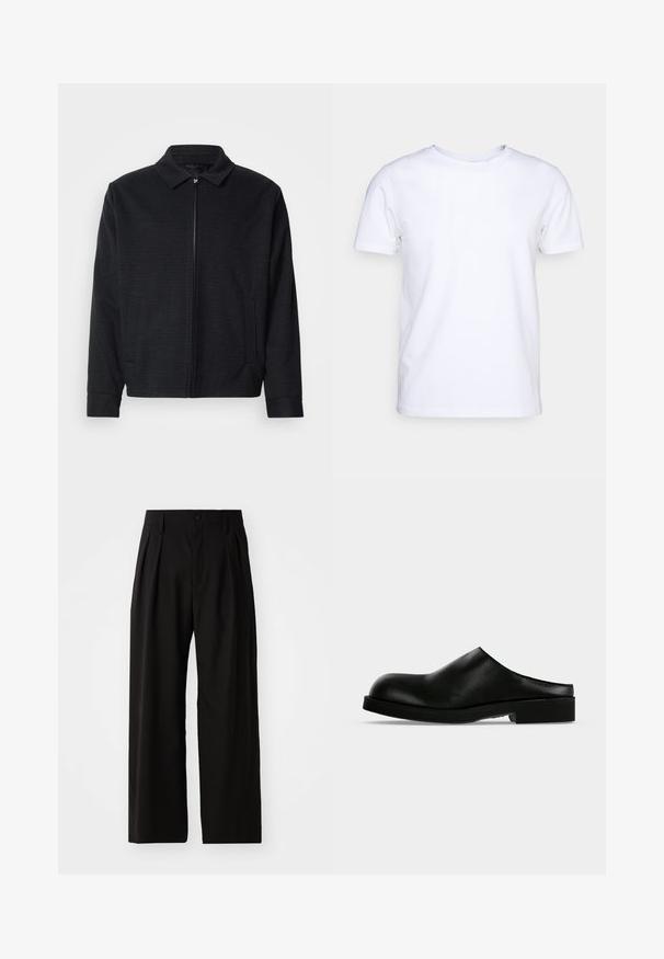Schwarze Jacke mit strukturiertem Gewebe, Reißverschluss vorne, spitzem Kragen und zwei Seitentaschen. Mit elastischen Bündchen und geradem Saum.; Weißes T-Shirt mit kurzen Ärmeln aus Baumwollstoff und rundem Halsausschnitt. Schlichtes Design ohne Muster oder Akzente. Glatte Textur.; Schwarze weit geschnittene Hose mit glatter Textur, zwei vorderen Falten, einem Knopfverschluss und seitlichen Taschen. Strapazierfähiger Stoff.; Schwarzer Leder-Slipper mit rundlicher Spitze und niedrigem Blockabsatz auf einfachem hellem Hintergrund.