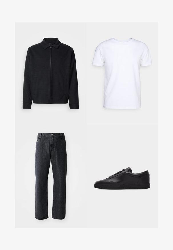 Schwarze Jacke mit strukturiertem Gewebe, Reißverschluss vorne, spitzem Kragen und zwei Seitentaschen. Mit elastischen Bündchen und geradem Saum.; Weißes T-Shirt mit kurzen Ärmeln aus Baumwollstoff und rundem Halsausschnitt. Schlichtes Design ohne Muster oder Akzente. Glatte Textur.; Schwarze Denim-Jeans mit geradem Schnitt, ausgestattet mit einem Knopfverschluss, fünf Taschen und subtiler Textur. Klassisches Design ohne auffällige Muster.; Schwarzer flacher Leder-Sneaker mit Schnürung vorne und flacher Gummisohle, seitlich auf einem schlichten weißen Hintergrund gezeigt.