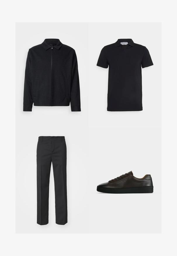 Sort jakke med tekstureret væv, lynlås foran, spids krave og to sidelommer. Har elastiske manchetter og lige kant.; Sort kortærmet polo-shirt med klassisk krave, lavet af glat stof. Har et mærke med brandnavnet 'Filippa K' ved halsudskæringen.; Filippa K TROY TROUSERS - Bukser - black; Lavprofil mørkebrune lædersneaker med sort gummisål, snørelukning foran og glat minimalistisk design på lys baggrund.