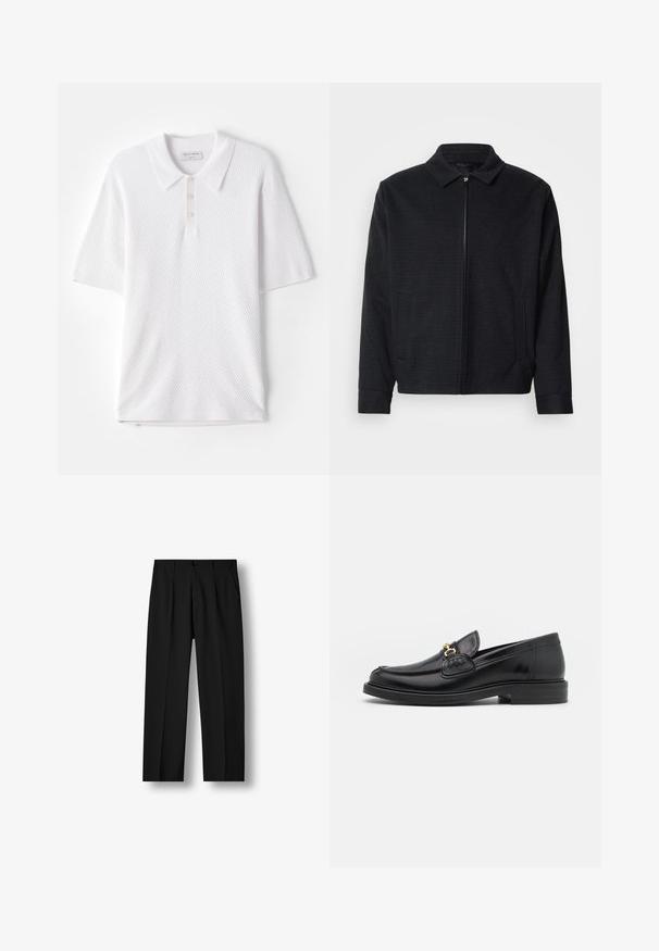 Zwarte jas met een gestructureerde weefsel, ritsvoorkant, puntige kraag en twee zijzakken. Bevat elastische manchetten en een rechte zoom.; Witte polo shirt met een geweven ribstof, een kraag en drie kleine knopen aan de voorkant. Korte mouwen en een rechte zoom.; Zwarte rechte broek met voorplooien, knoopsluiting in de taille en zijzakken op een effen witte achtergrond.; Zwarte leren instappers met een ronde neus, voorzien van een gouden hardware accent en stikdetails, geplaatst op een lage, getextureerde rubberen zool.