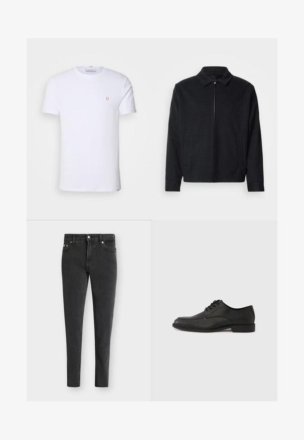 Schwarze Jacke mit strukturiertem Gewebe, Reißverschluss vorne, spitzem Kragen und zwei Seitentaschen. Mit elastischen Bündchen und geradem Saum.; Weißes Baumwoll-T-Shirt mit kurzen Ärmeln, das ein kleines orangefarbenes "II"-Logo auf der linken Brust und einen Rundhalsausschnitt aufweist. Einfaches Design und Textur.; Schwarze Slim-Fit-Jeans mit fünf Taschen, Vorderknopf und Reißverschluss, präsentiert vor einem schlichten weißen Hintergrund.; Schwarzer Schnürschuh aus Leder mit glatter Oberfläche, abgerundeter Zehenkappe und niedrigem Gummihacken. Verfügt über dezente Nahtdetails am Obermaterial.