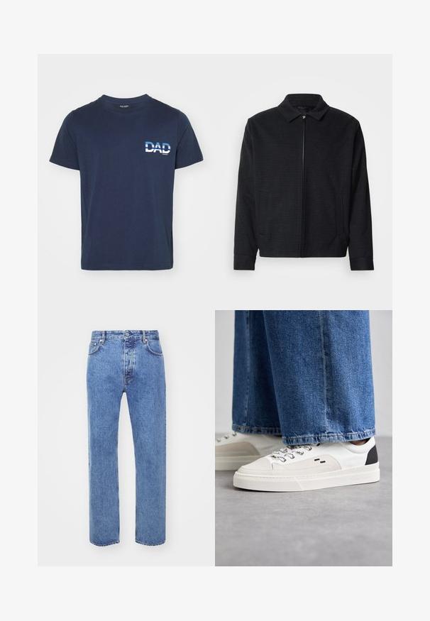 Chaqueta negra con un tejido texturizado, cierre frontal con cremallera, cuello puntiagudo y dos bolsillos laterales. Presenta puños elásticos y un dobladillo recto.; Camiseta de algodón azul marino de mangas cortas. Presenta un texto gráfico en blanco "PAPÁ" en el lado izquierdo, en una fuente negrita. Diseño simple y casual.; Won Hundred STEVE - Vaqueros boyfriend - cut blue; Zapatillas blancas y negras con una parte superior de cuero suave, acentos texturizados y una suela blanca gruesa. Presenta un diseño clásico de cordones.