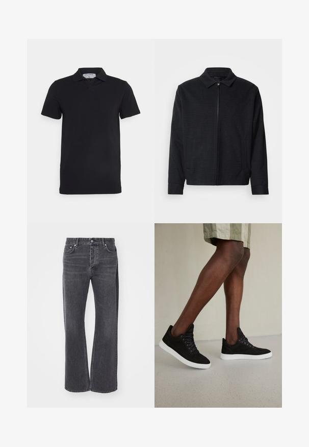 Veste noire avec un tissage texturé, fermeture éclair à l'avant, col pointu et deux poches latérales. Présente des poignets élastiques et un ourlet droit.; Polo noir à manches courtes avec un col classique, fabriqué en tissu lisse. Présente une étiquette avec le nom de la marque 'Filippa K' au niveau de l'encolure.; Jeans noirs taille haute avec un design ample et large. Fabriqués en denim, présentant un léger décoloré et des poches à l'avant et à l'arrière.; Baskets en suède noir avec semelles en caoutchouc blanc, dotées de lacets ronds, d'un design basse et d'une texture lisse.