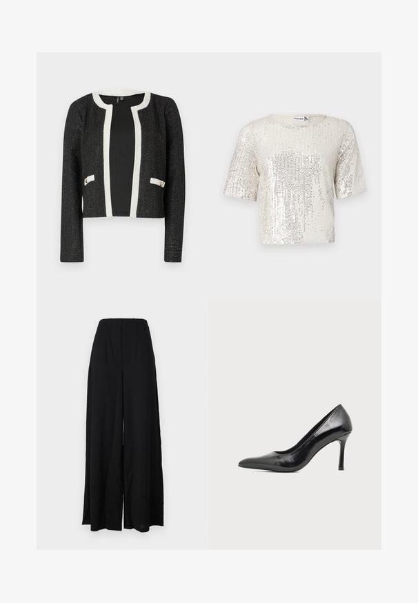Chaqueta corta negra con ribete blanco y bolsillos, con un tejido texturizado que incluye hilos metálicos y dos acentos en tono dorado en los bolsillos.; Camiseta de manga corta en tela crema, cubierta de lentejuelas plateadas. Presenta un escote redondo y un corte relajado, exhibiendo una superficie texturizada.; Pantalones de pierna ancha negros, confeccionados con una tela texturizada, que presentan una cintura alta con pliegues y bordes limpios para una silueta elegante.; Zapato de tacón alto de mujer en piel negra patentada, con punta puntiaguda y tacón delgado, sobre un fondo claro y liso.