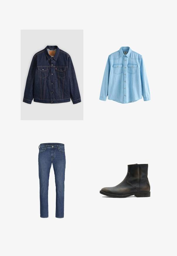Donkerblauwe spijkerjas met knopen aan de voorkant, twee borstzakken met knopen, steekzakken en contrasterende oranje stiksels, plat neergelegd op een grijze achtergrond.; Lichtblauw denim hemd met lange mouwen, knoopsluiting aan de voorkant en twee borstzakken met kleppen en knopen.; Blauwe denim jeans voor heren met een recht model, vijf-pocketstijl en een klassieke knoop- en ritssluiting.; AllSaints LANG - Lage laarzen - brown