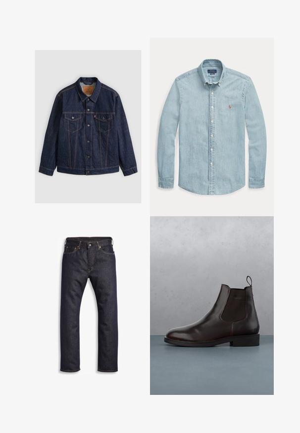 Mørkeblå denimjakke med knapper foran, to knap-lommer på brystet, sidelommer og kontrastierende orange syninger, lagt fladt på en grå baggrund.; Lyseblå langærmet denimskjorte med knapkrave, hvide knapper og et lille broderet Polo Ralph Lauren-logo på brystet.; Mørkeblå denimjeans med lige snit, fem-lomme design, metalbeslag og kontrasterende orange syninger. Glat tekstur, ingen synlige mønstre.; Brune læder Chelsea støvle med elastiske sidepaneler, en hælletab, og en glat finish, placeret på en tekstureret murstens- og grusoverflade.