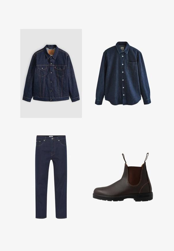 Dunkelblaue Jeansjacke mit Knopfleiste vorne, zwei knöpfbaren Brusttaschen, seitlichen Taschen und kontrastierenden orangen Nähten, flach auf einem grauen Hintergrund liegend.; Dunkelblaues Jeans-Langarmhemd mit Knopfleiste, Kragen und einer einzelnen Brusttasche, dargestellt vor weißem Hintergrund.; Dunkelblaue Jeans mit geradem Schnitt, versehen mit heller Stickerei, fünf Taschen und einem Knopfverschluss an der Taille. Glatte Textur.; Brauner Chelsea-Stiefel aus Leder mit elastischem Seiteneinsatz, brauner Naht, Zuglaschen und einer strapazierfähigen Gummisohle mit strukturiertem Muster.