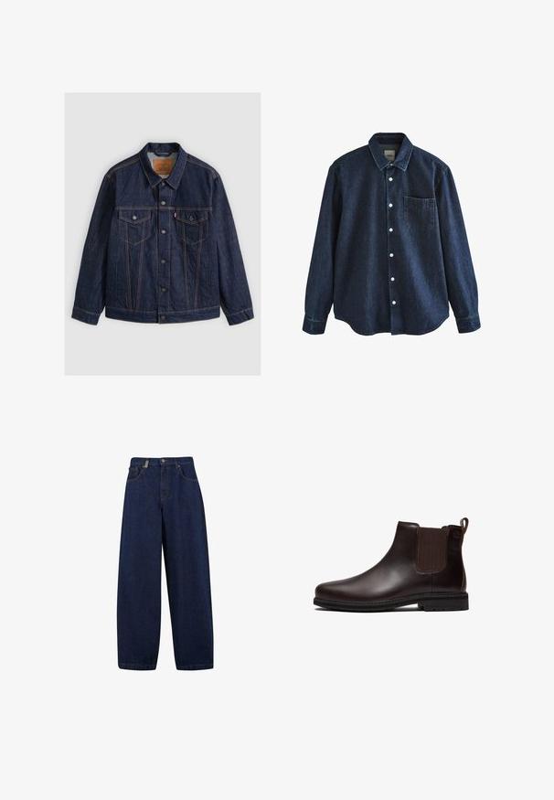 Dunkelblaue Jeansjacke mit Knopfleiste vorne, zwei knöpfbaren Brusttaschen, seitlichen Taschen und kontrastierenden orangen Nähten, flach auf einem grauen Hintergrund liegend.; Dunkelblaues Jeans-Langarmhemd mit Knopfleiste, Kragen und einer einzelnen Brusttasche, dargestellt vor weißem Hintergrund.; Lässige, dunkelblaue Denim-Jeans mit hoher Taille, Fronttaschen und geradem Bein. Enthält silberfarbene Hardware und minimalistische Nähte.; Dunkelbrauner Chelsea-Lederstiefel mit elastischer Seitenpartie, Zuglasche an der Ferse und schwarzer Gummisohle, seitlich dargestellt.