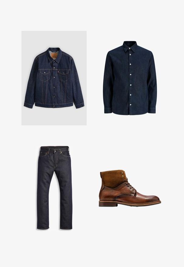 Mørkeblå denimjakke med knapper foran, to knap-lommer på brystet, sidelommer og kontrastierende orange syninger, lagt fladt på en grå baggrund.; Mørkeblå denimskjorte med lange ærmer, hvide knapper og spids krave, vist på hvid baggrund.; Mørkeblå denimjeans med lige snit, fem-lomme design, metalbeslag og kontrasterende orange syninger. Glat tekstur, ingen synlige mønstre.; Kazar ALID - Snørestøvletter - brown