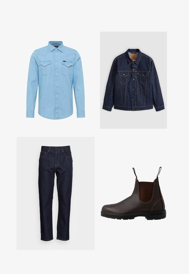 Mørkeblå denimjakke med knapper foran, to knap-lommer på brystet, sidelommer og kontrastierende orange syninger, lagt fladt på en grå baggrund.; Lyseblå denimskjorte med lange ærmer, knaplukning, to brystlommer med knapper, spids krave og lille Lee-logo på venstre lomme.; Mørkeblå denimjeans med lige pasform, fem lommer og kontrasterende gul syning. Designet med en klassisk knap- og lynlåslukning.; Brun læder Chelsea-støvle med elastisk sidepanel, brun syning, trækstropper og en holdbar gummisål med et tekstureret mønster.