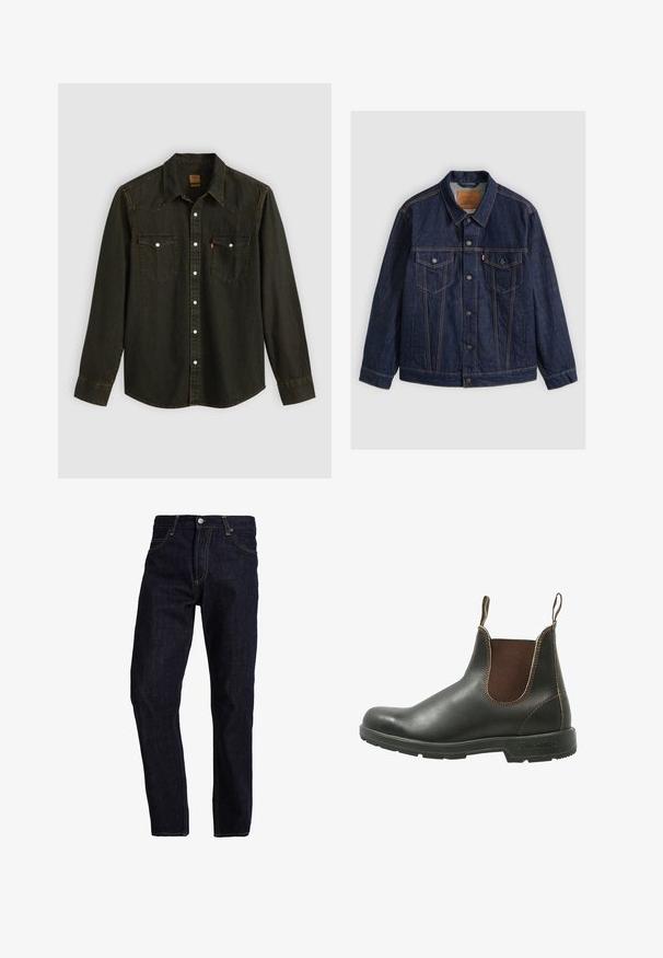 Mørkeblå denimjakke med knapper foran, to knap-lommer på brystet, sidelommer og kontrastierende orange syninger, lagt fladt på en grå baggrund.; Langærmet sort denimskjorte med spids krave, to brystlommer, sølvknapper og gule syninger. Klassisk western-design.; Mørkeblå denim jeans med lige pasform, med gul syning, fem lommer og en klassisk knap- og lynlås lukning.; Chelsea støvle lavet af glat sort læder med brune elastiske sidepaneler, kontrastsyet, og en struktureret gummisål.