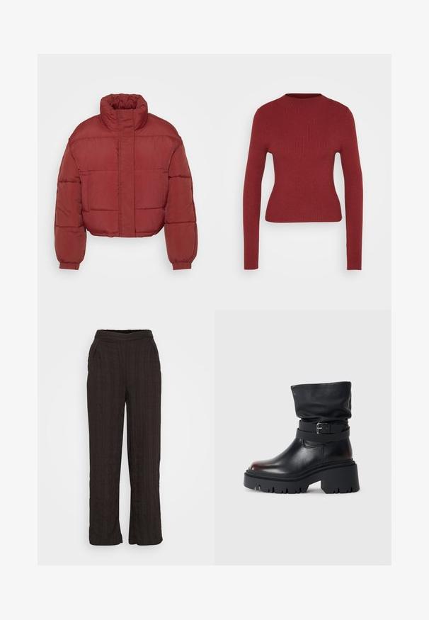 Doudoune rouge, cropped, avec un col haut, des poignets élastiques et un tissu lisse et texturé. Présente un matelassage carré et une fermeture à l'avant.; Pull ajusté à côtes, à manches longues, de couleur rouge foncé avec col rond, présenté sur un fond neutre clair.; Pantalons larges noirs en tissu texturé avec un design plissé. Dotés d'une ceinture élastique et de poches latérales.; Bottine en cuir noir avec une tige décontractée, détail de boucle et semelle épaisse et robuste. Elle présente un bout rond et une texture lisse.
