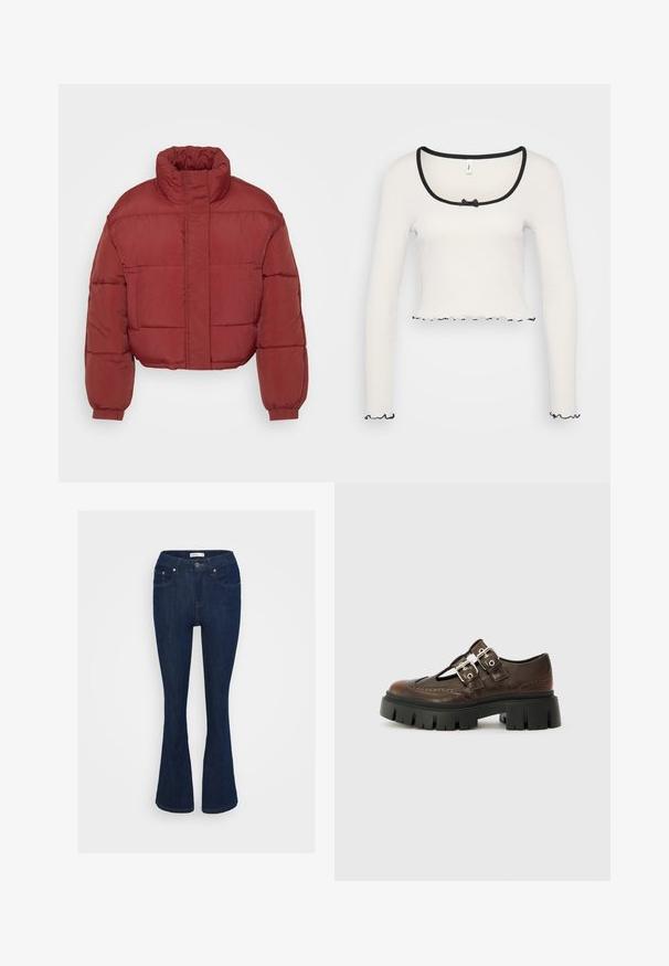 Rød, kort pufferjakke med høj krave, elastiske manchetter og et glat, tekstureret stof. Har kasseformet quiltning og lukning foran.; Hvid langærmet crop top med en bred sortkantet rund halsudskæring, en center bånd detalje, og flæser i sort ved ærmerne og kanten.; Mørkeblå denim flared jeans med et klassisk fem-lomme design, metal knaplukning og syninger på lommerne.; Brune lædersko med udskæringsdesign, dobbelte sølvspænder, sort chunky sål og broguedetaljer langs kanterne.