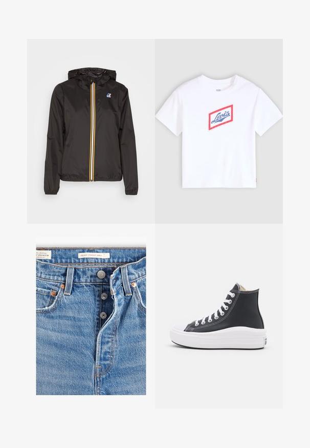 Schwarze leichte Jacke mit Kapuze, verfügt über einen zentralen Reißverschluss mit roten, gelben und weißen Streifen sowie einem Logo auf der linken Brust.; Weißes T-Shirt mit kurzen Ärmeln, das ein rot umrandetes, rautenförmiges Logo und blauen "Levi's"-Schriftzug in der Mitte der Brust zeigt.; Hellblaue Jeans aus Denim mit geradem Schnitt am Knöchel. Mit fünf Taschen, zwei Metallknöpfen und sichtbaren orangen Nähten. Etiketten vorhanden.; Schwarzer High-Top Sneaker mit weißen Schnürsenkeln und Gummisohle. Verfügt über eine glatte Ledertextur und weiße Nähte als Akzente.
