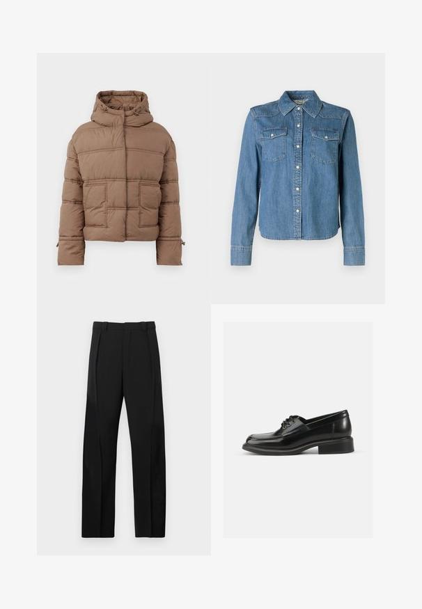 Braune Pufferjacke mit Kapuze, ausgestattet mit einem gesteppten Design, zwei Fronttaschen und verstellbaren Kordeln am Kragen und an den Manschetten.; Die Denim-Hemd zeichnet sich durch einen hellblauen Farbton, einen klassischen Kragen und zwei Brusttaschen aus. Es hat Druckknöpfe und lange Ärmel mit Knopfmanschetten.; Schwarze Hose mit maßgeschneiderter Passform, zwei vorderen Falten, glatter Textur und geradem Beinverlauf. Keine sichtbaren Beschläge oder Muster.; Schwarze Leder-Dressschuhe mit glatter Textur, abgerundetem Zehenbereich, zwei Ösen-Schnürung und einem stabilen Blockabsatz. Einfaches Design ohne Muster.