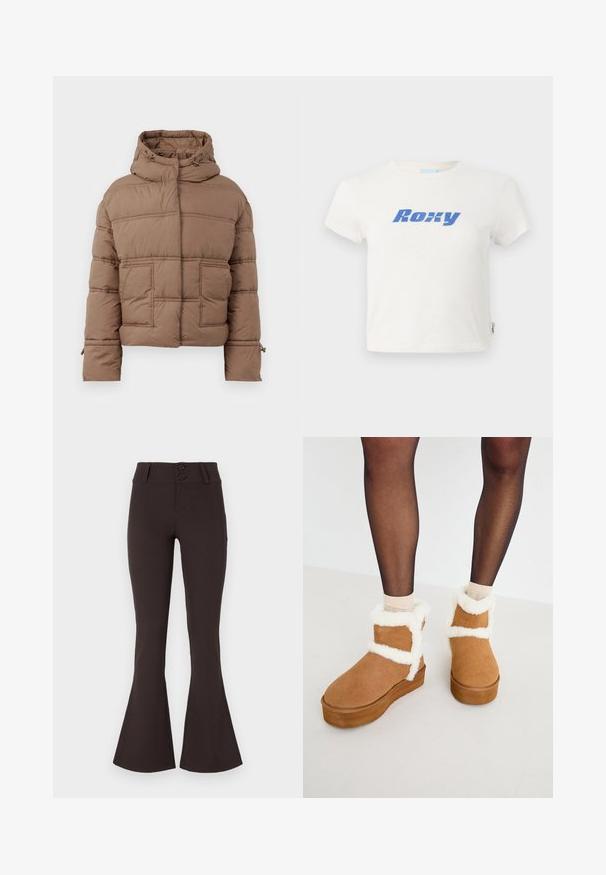 Bruine pufferjack met capuchon, voorzien van een gequilt ontwerp, twee voorzakken en verstelbare trekkoordjes bij de kraag en manchetten.; Witte katoenen t-shirt met ronde hals, voorzien van een grote blauwe "Roxy"-logo gedrukt over de borst. Korte mouwen, normale pasvorm.; Bruine flared broeken van rekbaar materiaal. Heeft een hoge taille met twee knopen en een soepele textuur. Geen patronen of versieringen.; Bruine suède enkellaarsjes met witte nep-bontafwerking en plateauzool, met een ontwerp met kruisbanden. Soepele textuur en afgeronde neus.
