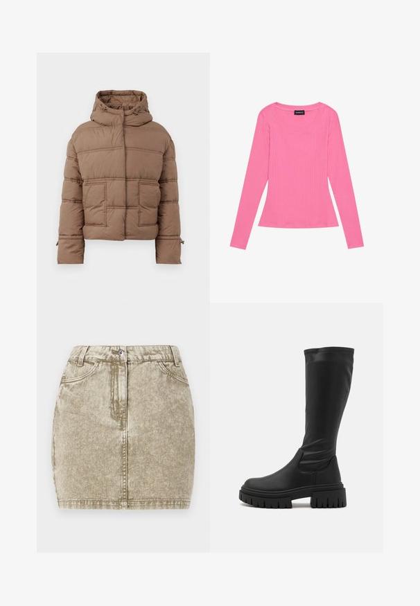 Brun pufferjakke med hætte, der har et quiltet design, to forlommer og justerbare snore i kraven og ved manchetterne.; Langærmet ribbet top i lys pink, med en bred rund halsudskæring og en tætsiddende silhuet. Stoffet er glat med en diskret tekstur.; Khaki denimnederdel med en tekstureret overflade, fem lommer, knaplukning foran og sydekoration langs kanterne.; Even&Odd Plateaustøvler - black