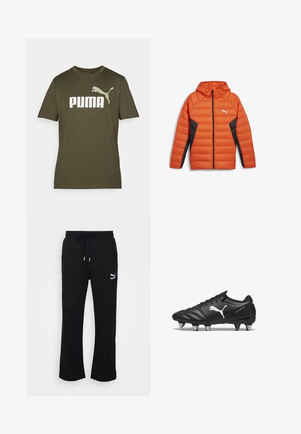 Oranje pufferjack met zwarte zijpanelen, capuchon, rits aan de voorkant en wit logo op de borst. Gelaagd, geïsoleerd ontwerp voor warmte.; Olijfgroene katoenen T-shirt met een groot wit "PUMA" logo en een springende puma graphic op de linkerschouder. Korte mouwen, ronde hals.; Zwarte trainingsbroek met een trekkoord in de taille, voorzien van een geribbelde tailleband en zijzakken. Het Puma-logo staat op de linker dij.; Zwarte voetbalschoenen van gestructureerd materiaal, met een wit Puma-logo, vetersluiting en metalen noppen voor grip. Het ontwerp benadrukt prestaties en ondersteuning.