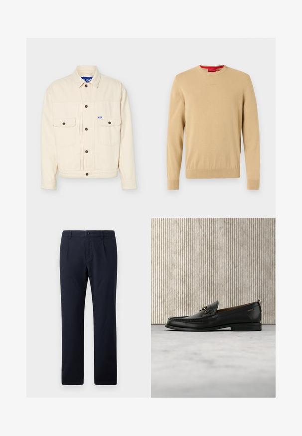 Beige Jacke mit langen Ärmeln, Knopfleiste, zwei Brustklappentaschen, einem Kragen und einem kleinen blauen Logoschild an der rechten Tasche.; Beiger Herren-Pullover mit Rundhalsausschnitt, langen Ärmeln, gerippten Bündchen und Saum sowie dezent auf der Brust gesticktem Logo.; Marineblaue Hosen aus einem Baumwoll-Mischgewebe, mit einem flachen Vorderdesign, zwei Seitentaschen und dezenten Falten.; Schwarzer Lederloafer mit goldfarbenem Metallbit und "HUGO"-Markenlogo, präsentiert vor einem beigen Teppich und braunen durchsichtigen Möbelstücken.
