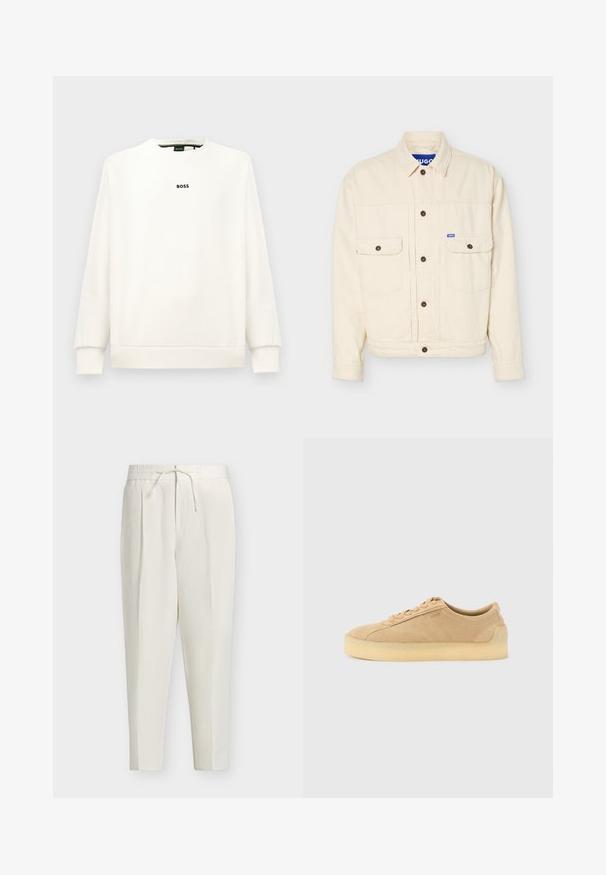 Beige lange mouwen jas met knoopsluiting aan de voorkant, twee borstflapzakken, een kraag en een klein blauw logolabel op de rechterzak.; Witte sweatshirt met een ronde hals, lange mouwen, ribbelboorden en -zoom. Voorzien van een klein zwart 'BOSS' logo op de borst. Glad textuur.; Ecru taps toelopende broek met elastische tailleband, voorplooien en verstelbare trekkoord in de taille.; Beige suède lage sneaker met dikke gumzool, vetersluiting aan de voorkant en subtiele zijkant branding op een effen lichtgrijze achtergrond.