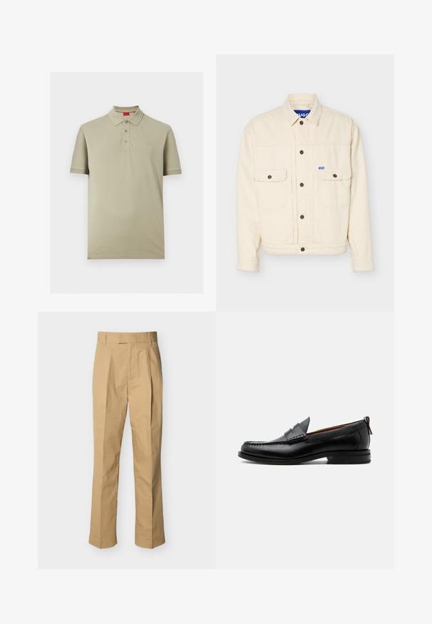 Veste beige à manches longues avec devant boutonné, deux poches poitrine à rabat, un col et une petite étiquette logo bleue sur la poche droite.; Polo beige clair à manches courtes avec trois boutons et un petit logo "HUGO" sur la poitrine gauche.; Pantalon beige en coton lisse à taille haute, avec des plis à l'avant et des jambes droites. Aucun équipement visible ni motifs.; Mocassin homme en cuir noir avec couture moc toe, bride penny, col texturé et petit talon empilé sur fond blanc.