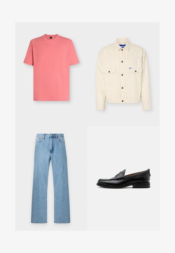 Veste beige à manches longues avec devant boutonné, deux poches poitrine à rabat, un col et une petite étiquette logo bleue sur la poche droite.; T-shirt rose corail à manches courtes et col rond avec un logo "BOSS" subtil brodé sur la poitrine, présenté sur un fond uni.; Jean en denim bleu clair coupe droite à cinq poches avec fermeture à boutons à la taille, présenté sur un fond uni.; Mocassin homme en cuir noir avec couture moc toe, bride penny, col texturé et petit talon empilé sur fond blanc.