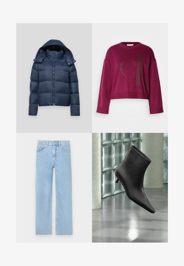 Marineblå pufferjakke med lynlås, aftagelig hætte og quiltet design. Har logo på venstre bryst og trykknaps detaljer.; Bordeaux cropped sweater med lange ærmer, der har et stort mørkegrå 'CK' logo på forsiden og ribbede manchetter. Blødt strikket stof.; Lysblå denim jeans med lige skåret design, fem-lommestil og metalknaplukning foran. Let distressed tekstur.; Sort læderankelstøvle med spids tå og lille hæl vist mod en væg af glasblokke og poleret gulv baggrund.