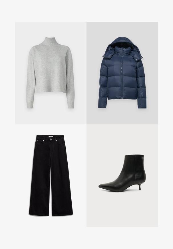 Veste matelassée bleu marine avec fermeture éclair, capuche amovible et design matelassé. Présente un logo sur la poitrine gauche et des accents à boutons-pression.; Pull à col roulé gris clair en tricot doux, avec des manches longues et un ourlet et des poignets côtelés. Pas de motifs ni de détails en matériel.; Jean large noir en denim, avec une taille haute, cinq poches et des accents en métal argenté. Texture lisse, design épuré.; Bottine en cuir noir avec bout pointu et petit talon kitten sur fond clair, vue côté extérieur.