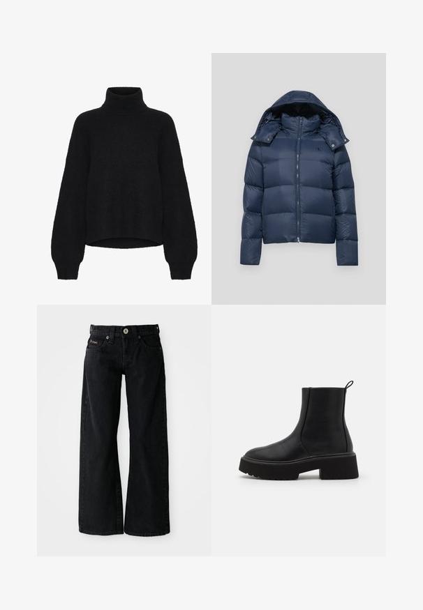 Marineblå pufferjakke med lynlås, aftagelig hætte og quiltet design. Har logo på venstre bryst og trykknaps detaljer.; Sort turtleneck sweater med et cropped design, lavet af fluffy stof. Har brede ærmer og en ribbet tekstur ved kraven.; Sorte højtaljede jeans med brede ben, frontknap, bælteløkker, for- og baglommer samt et lille logo på den højre forlomme.; Sorte læder ankelstøvler med en kraftig platåsål og let hæl, der har en lynlås på siden og en strop bagpå.