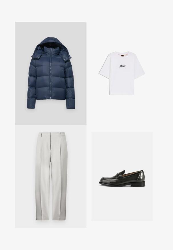 Chaqueta de plumas azul marino con cierre de cremallera, capucha desmontable y diseño acolchado. Presenta un logo en el lado izquierdo del pecho y detalles con botones a presión.; Camiseta blanca de manga corta con cuello redondo y logo "BOSS" en cursiva negra bordado en el pecho.; Pantalones a la medida de color gris claro con corte recto, que presentan pliegues frontales, presillas para cinturón y una tela de textura suave.; Mocasines de charol negro con un diseño estructurado, punta redondeada y detalles cosidos en la parte superior, con un tacón bajo apilado.