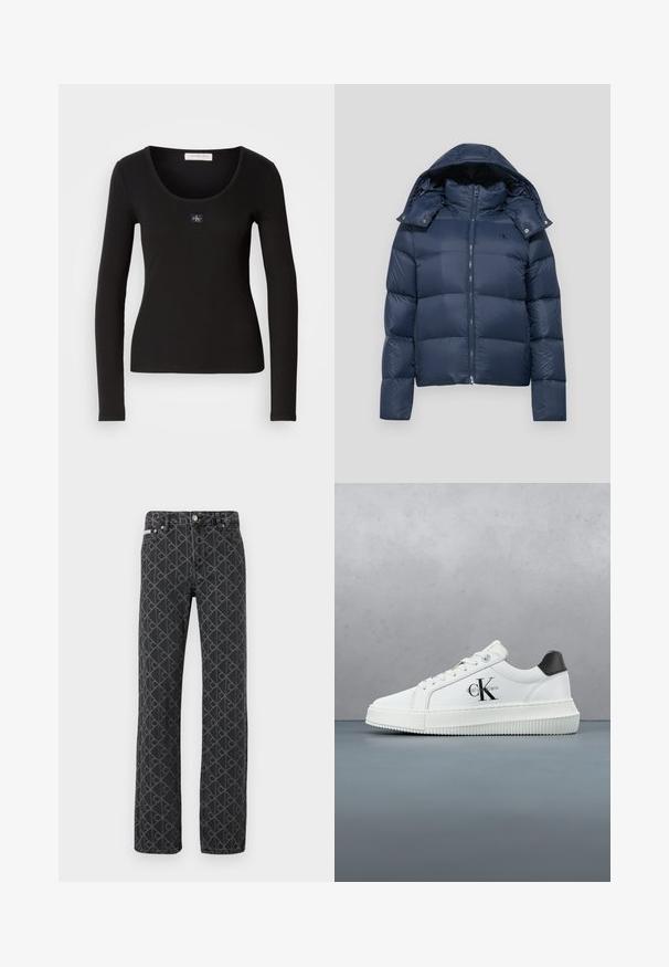 Marineblå pufferjakke med lynlås, aftagelig hætte og quiltet design. Har logo på venstre bryst og trykknaps detaljer.; Sort langærmet ribbet top med rund halsudskæring, der har et lille, kvadratisk Calvin Klein-logo som accent på brystet. Blød tekstur.; Sorte denimjeans med et diskret logo-mønster over det hele. Straight-leg design med fem-lomme styling og lukning med metal knap.; Hvide lavtoppede sneakers med sort hælkænke, platformssål, snørebånd og Calvin Klein "CK" logo på siden.