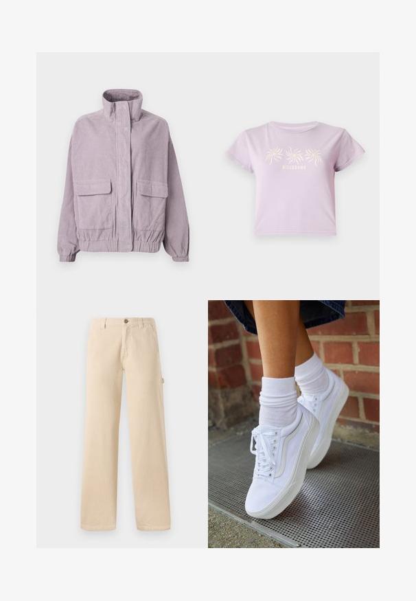 Veste en velours côtelé lilas avec un col haut, poches à rabat à l'avant, poignets élastiques et détail d'ourlet, présentée sur un fond blanc.; T-shirt en coton lilas à manches courtes, avec un graphisme de trois spirales au-dessus du texte "BILLABONG" dans une teinte plus claire.; Pantalons en velours côtelé beige avec une coupe large, texture à côtes verticales, poches avant et détail de bouton sur le côté.; Baskets en toile blanches avec semelles en caoutchouc, dotées de six œillets, d'un bout rond et de détails de couture légers, portées avec des chaussettes blanches mi-mollet.