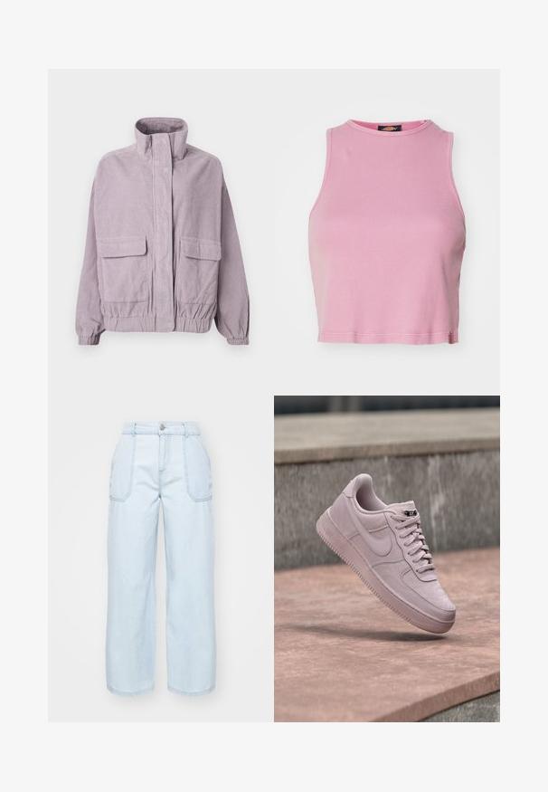 Lilla kordfløjljakke med høj krave, frontlommer med klap, elastiske manchetter og detaljer ved kanten, vist på en hvid baggrund.; Rosa ribbet crop top med rund halsudskæring og ærmeløs design. Har en kant, der slutter lige over taljen.; Lysblå vidbensjeans lavet af denim, med en frontknaplukning, to sidelommer og synlige stingdetaljer.; Lyserød Nike Air Force 1 sneaker svæver over en betongulv med rosa nuance med en grå stenvæg i baggrunden.