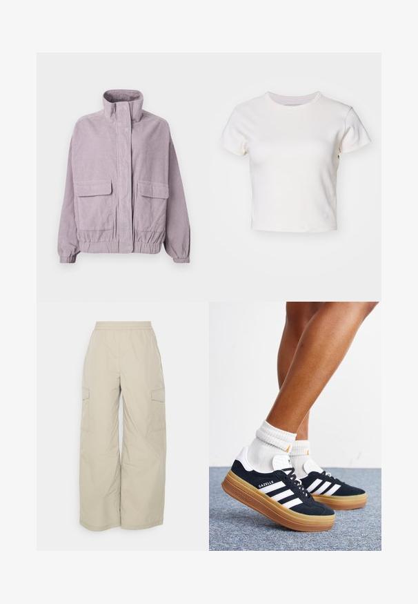 Lila kordbársony dzseki magas gallérral, elülső fedett zsebekkel, rugalmas mandzsettákkal és alsó részletekkel, fehér háttér előtt bemutatva.; Denim Project DPMDPWRIBBED CROPPED T-SHIRT - Basic póló - jet stream; Beige cargo nadrág, könnyű anyagból készült, rugalmas derékkal, széles lábakkal és oldalsó zsebekkel a tárolás érdekében.; Lábak fehér zokniban, fekete Adidas Gazelle sportcipőben, fehér csíkokkal és vastag barna talppal, szürke szőnyegpadlón.