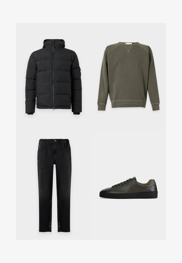 Schwarze Daunenjacke mit hohem Kragen, Reißverschluss vorne und elastischen Bündchen. Sie hat horizontale Steppabschnitte und eine Seitentasche.; Langärmeliges olivgrünes Sweatshirt mit Rundhalsausschnitt, gerippten Bündchen und Saum, minimalen Nähten und kleinem gesticktem Logo auf der Brust.; Schwarze Jeans aus Denim mit elastischem Bund, geradem Schnitt, abgetragenen Details und fransigem Saum. Mit Taschen und Knopfverschluss.; Niedriger dunkelgrauer Ledersneaker mit schwarzen Schnürsenkeln und Sohle, minimalistisches Design, Seitenprofil vor einem schlichten hellen Hintergrund.