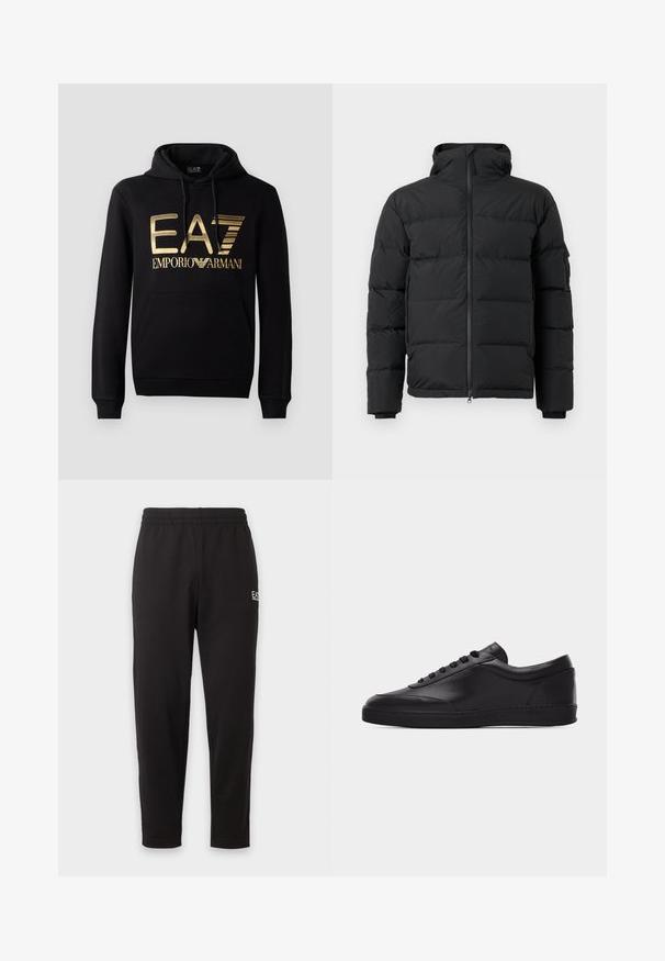 Chaqueta acolchada negra con un alto cuello, cierre delantero de cremallera y puños elásticos. Presenta secciones acolchadas horizontales y un bolsillo lateral.; Sudadera negra con logo dorado de EA7 y texto "EMPORIO ARMANI" en la parte frontal. Incluye un bolsillo tipo canguro en la parte delantera y capucha con cordón.; Pantalones de chándal negros con cintura elástica, piernas estrechas y un pequeño logo blanco en la parte superior del muslo izquierdo.; Zapatilla baja negra de cuero con cordones en la parte delantera y suela plana de goma, mostrada de perfil sobre un fondo blanco liso.