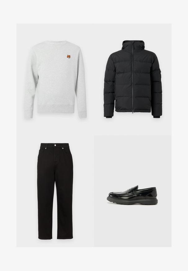 Doudoune noire avec un col montant, fermeture éclair à l'avant et poignets élastiques. Présente des sections matelassées horizontales et une poche latérale.; Sweatshirt gris à manches longues, col rond et poignets côtelés, avec une petite tête de renard brodée sur le côté gauche de la poitrine. Tissu doux et texturé.; Pantalon en denim noir avec une coupe droite, présentant une taille haute, des poches frontales et des garnitures en métal argenté au niveau de la ceinture.; Mocassin en cuir noir avec une finition brillante, bout arrondi, détails de couture subtils et semelle en caoutchouc épaisse pour la durabilité.