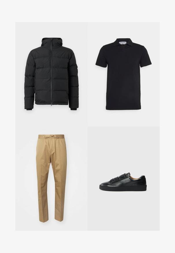 Schwarze Daunenjacke mit hohem Kragen, Reißverschluss vorne und elastischen Bündchen. Sie hat horizontale Steppabschnitte und eine Seitentasche.; Schwarzes kurzärmliges Polohemd mit klassischem Kragen, aus glattem Material. Verfügt über ein Etikett mit dem Markennamen 'Filippa K' am Kragen.; Beige Hose mit elastischem Taillengummi und verstellbarem Kordelzug. Glatte Textur, gerade Beine und minimalistisches Design.; Schwarze Leder-Sneaker mit glatter Textur, runder Zehenpartie und Schnürverschluss. Verfügt über eine dicke Gummisohle und minimalistische Marken-Details.