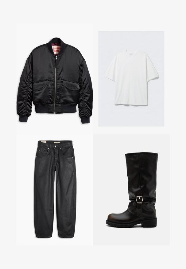 Zwarte bomberjack van glad satijn met een cropped ontwerp, voorzien van geribbelde manchetten en zoom, twee steekzakken aan de voorkant en een ritsluiting.; Wit oversized katoenen T-shirt met korte mouwen, ronde hals en een klein merkembleem aan de binnenkant van de kraag.; Zwarte denim jeans met een wijd been ontwerp, voorzien van voorzakken, een knoopsluiting en een soepele textuur. De stof lijkt stevig te zijn.; Hoge zwarte leren laars met afgeronde neus, lage hak, zijgesp en licht ingezakte schacht op een witte achtergrond.