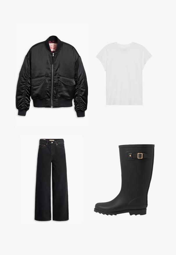 Sort bomberjakke lavet af glat satin med et cropped design, med ribstrikkede manchetter og kant, to forlommer og lynlåslukning.; Hvid kortærmet t-shirt med rund hals, afslappet pasform, lavet af blødt bomuldsstof. Glat tekstur, ingen mønstre eller logoer.; Sorte brede benjeans lavet af denim, med fem lommer, kobbernitter og en klassisk knaplukning. Glat tekstur med et rent design.; Sort gummistøvle med rund tå, tekstureret sål og en sidestrapdetalje med en guldspænde akcent.