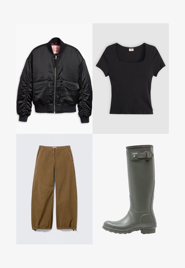 Sort bomberjakke lavet af glat satin med et cropped design, med ribstrikkede manchetter og kant, to forlommer og lynlåslukning.; Sort kortærmet top lavet af ribbet stof, med en bred firkantet udkæring og en tætsiddende pasform, udstyret med et lille rødt logo-tag nederst.; Brune viddebenbukser lavet af tekstureret stof med elastisk talje og snøre ved benenden. Har sidelommer, designet for komfort.; Grønne gummistøvler i knæhøjde med en tekstureret sål, rund tå, justerbar spænde på siden og glat finish.