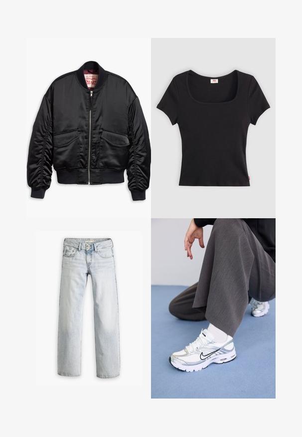 Schwarze Bomberjacke aus glattem Satin mit kurzem Schnitt, ausgestattet mit gerippten Bündchen und Saum, zwei Fronttaschen und einem Reißverschluss.; Schwarzes Kurzarmoberteil aus rippenförmigem Stoff, mit einem breiten quadratischen Ausschnitt und einer figurnahen Passform, versehen mit einem kleinen roten Logotag am Saum.; Hellblaue Denim-Jeans mit lockerer Passform, hoher Taille und fünf Taschen. Mit Stitching-Akzenten und einem Knopfverschluss.; Weiße und silberne Sportschuhe aus Mesh- und Synthetikmaterialien, mit schwarzen Akzentlinien, Schnürsenkeln und strukturierten Sohlen.