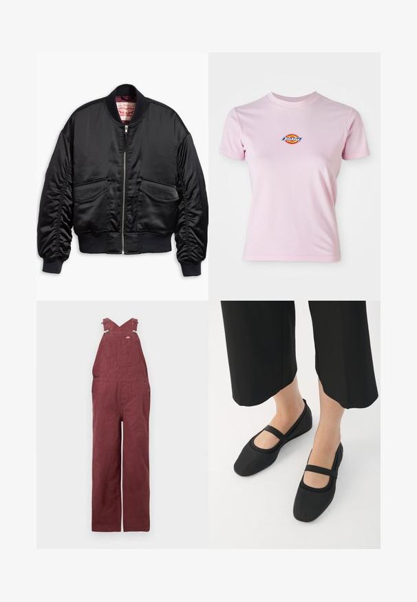 Chaqueta bomber negra de satén liso con un diseño corto, que cuenta con puños y dobladillo acanalados, dos bolsillos delanteros y cierre de cremallera.; Camiseta de algodón rosa con mangas cortas, escote redondo y un pequeño logotipo circular en colores rojo, amarillo y azul en el pecho.; Pantalones de tirantes burdeos de algodón, con tirantes cruzados en la espalda, bolsillos frontales y detalles de herrajes metálicos. Textura suave y corte relajado.; Bailarinas negras de material suave, con punta redonda y una correa de contraste en el empeine. Suela plana, diseño minimalista.