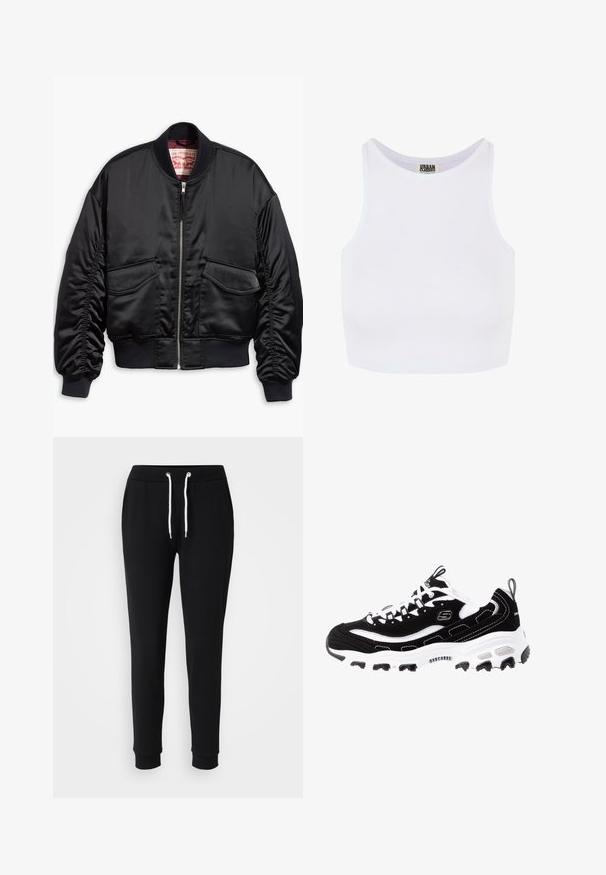 Zwarte bomberjack van glad satijn met een cropped ontwerp, voorzien van geribbelde manchetten en zoom, twee steekzakken aan de voorkant en een ritsluiting.; Witte geribbelde crop tanktop met brede schouderbanden en een ronde halslijn. Beschikt over een zachte textuur en een minimalistisch ontwerp zonder patronen.; Zwarte trainingsbroek met een trekkoord in de taille, witte koordaccenten, taps toelopende pijpen en geribde manchetten. Gemaakt van zachte, comfortabele stof.; Zwart-witte sportwagen met een bovenwerk van suede, gevoerde kraag en een lichte zool. Heeft een prominent logo en contrasterende stiksels.