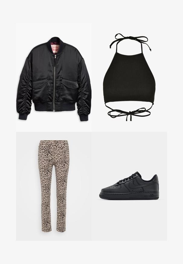 Sort bomberjakke lavet af glat satin med et cropped design, med ribstrikkede manchetter og kant, to forlommer og lynlåslukning.; Sort halterneck bikini-top lavet af ribbet stof; har justerbare nakkebånd og en udskåret ryg med en bundet detalje.; Leopardprint bukser i beige med sorte pletter. Har en slim fit, fem-lomme design og lynlås med knaplukning.; Sorte lædersneakers med perforeret tåboks, flade snørebånd og gummisål. Har et lille logo på siden og tekstureret detaljering.