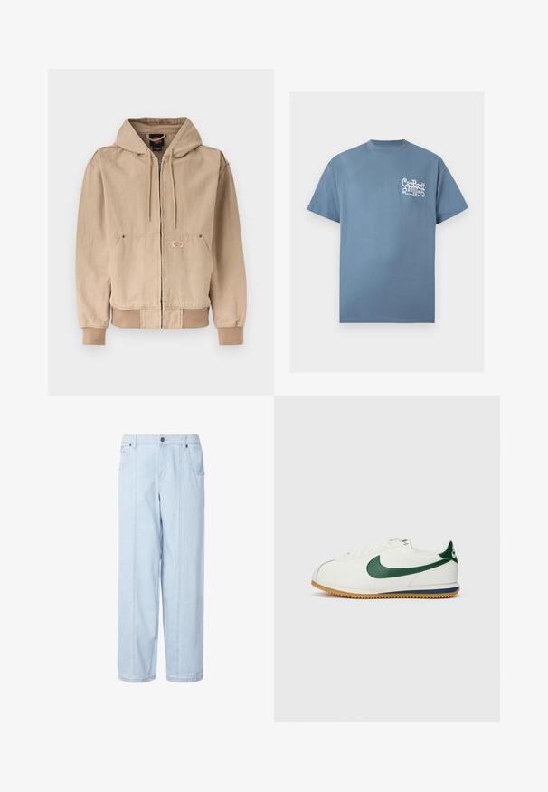 Beige jack met ritssluiting en capuchon, voorzien van steekzakken aan de voorkant, een koord in de capuchon, geribbelde manchetten en zoom, en een klein logoplaatje op de zak.; Blauw T-shirt met korte mouwen en ronde hals met wit gestileerd "Carhartt WIP" tekstlogo op de linkerborst.; Lichtblauwe denim broek met wijd uitlopende pijpen, een hoge taille, dubbele voorkantzakken en zichtbare stiksels. De stof heeft een zachte, vervaagde textuur.; Nike sneakers met een witte leren bovenzijde, groene accenten, rubberen zool met een gestructureerd profiel en een klassieke vetersluiting.
