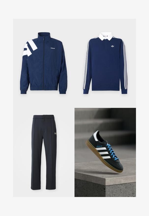 Marineblauer Windbreaker mit weißen diagonalen Streifen auf der linken Schulter, hohem Kragen, elastischen Bündchen, Reißverschluss und Seitentaschen.; Marineblaues, langärmeliges Poloshirt aus Baumwollstoff, weißer Kragen, klassische drei weiße Streifen entlang der Ärmel, mit kleinem Logo auf der Brust.; Schwarze gerade geschnittene Hose mit elastischem Bund, Knopfverschluss, Nahtdetails und kleinem weißen Logo "the new originals" am linken Oberschenkel.; Schwarzer Adidas-Sneaker mit weißen Streifen, blauen Schnürsenkeln und Gummisohle, der über einer grauen Betontreppe im weichen Licht schwebt.