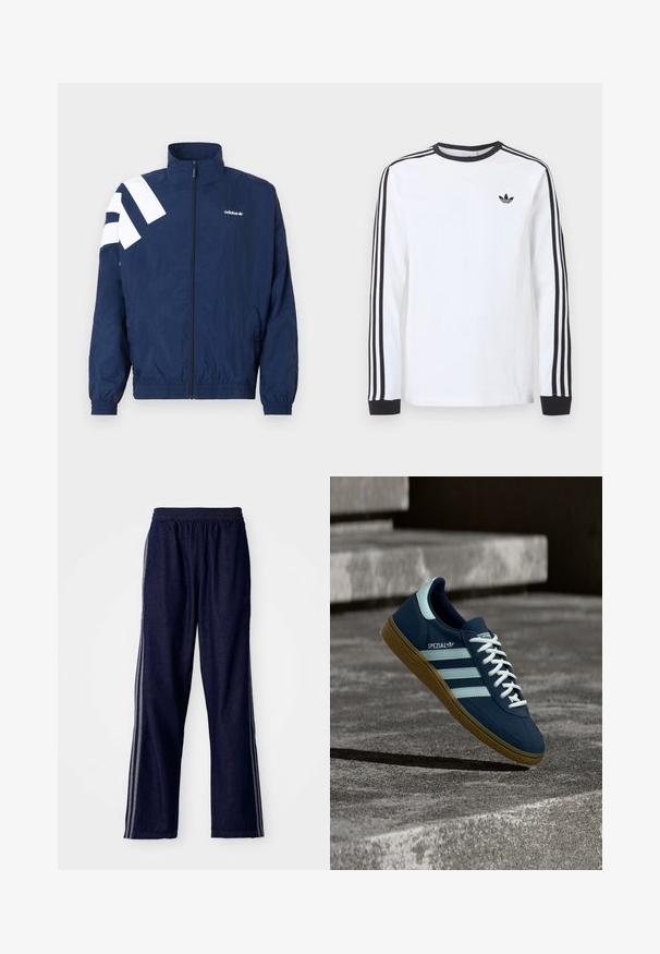 Tmavomodrá vetrovka s bielymi šikmými pruhmi na ľavom ramene, vysokým golierom, elastickými manžetami, zapínaním na zips a bočnými vreckami.; Biele tričko Adidas s dlhým rukávom, čiernym okrúhlym výstrihom, čiernymi manžetami, tromi čiernymi pruhmi na rukávoch a čiernym logom trefoil na hrudi.; Námornícke modré športové nohavice s elastickým pásom, s tromi bielymi bočnými pruhmi a rovným strihom. Mäkká denimová textúra.; Modré tenisky Adidas Spezial s bielymi pruhmi a šnúrkami, gumovou podrážkou, plávajúce nad drsným betónovým povrchom a schodmi v pozadí.